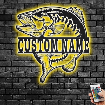 Custom name Sea Bass Fish wall decor sign with RGB color changing led